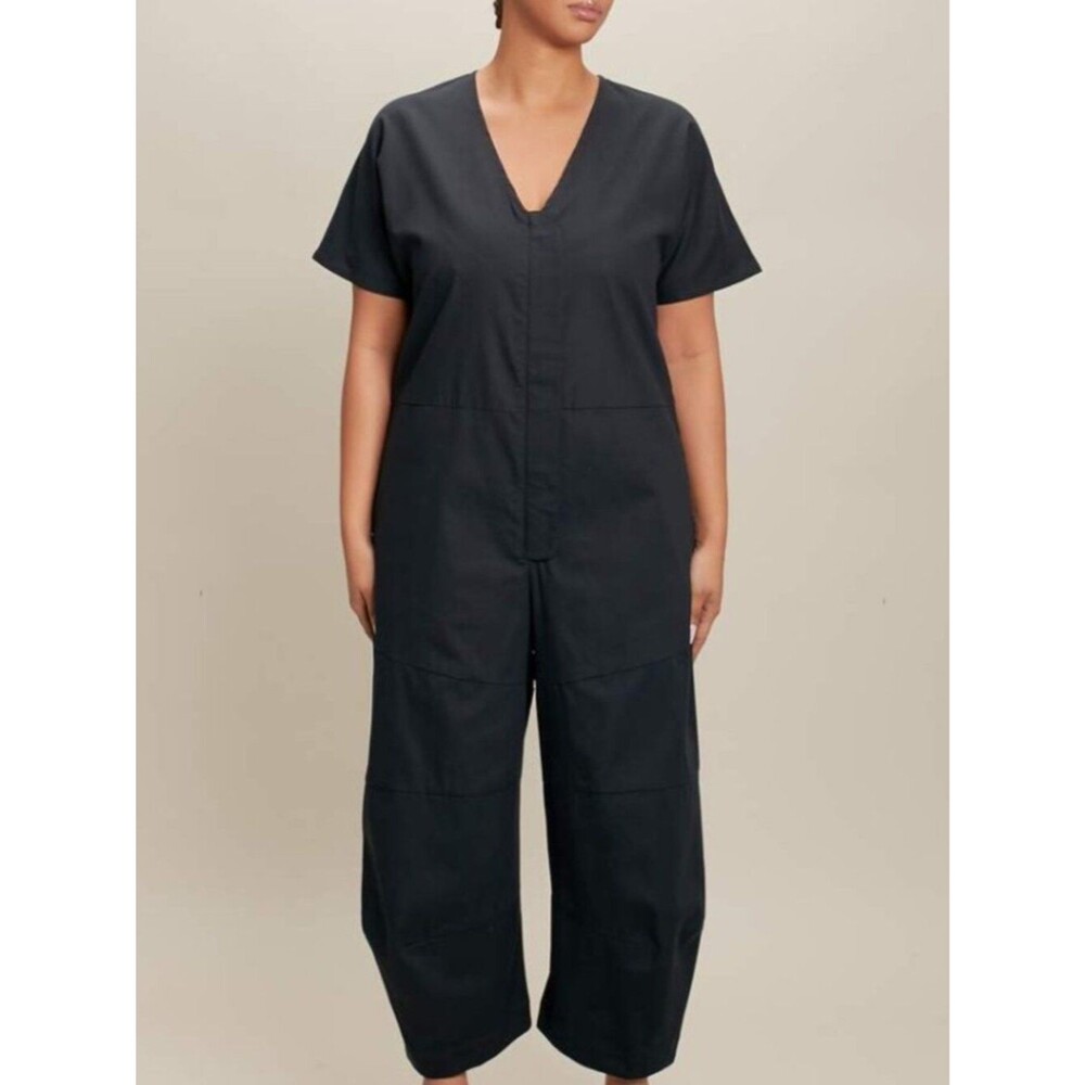 Roucha Black Short Sleeve Jon V-Neck Curved Leg Canvas Jumpsuit Size M